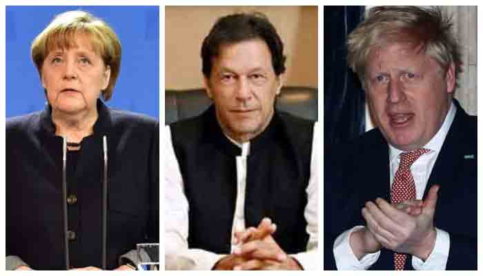 German Chancellor Angela Merkel (L), Prime Minister Imran Khan (C) and British Prime Minister Boris Johnson (L)