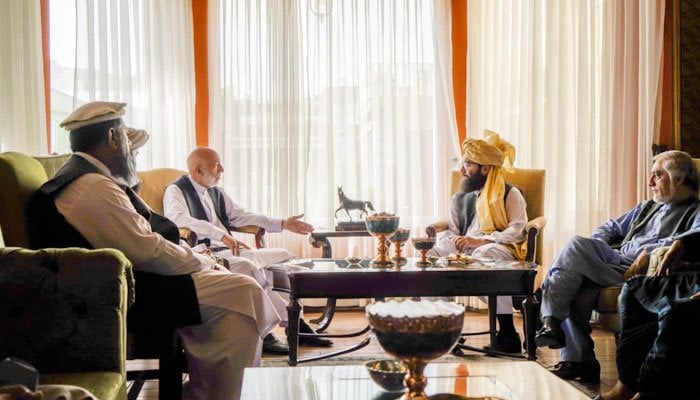 Taliban leaders meet former Afghan president Hamid Karzai and other political leaders. — Twitter/TOLO News