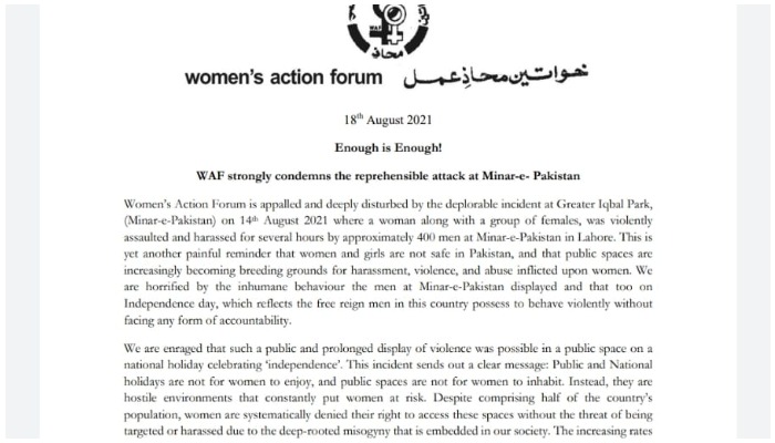 WAF issues statement to condemn Minar-e-Pakistan incident.