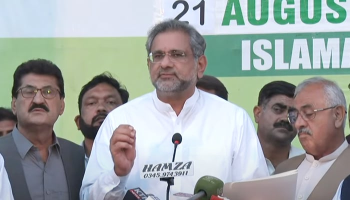 PML-N leader and former prime minister Shahid Khaqan Abbasi addressing a press conference after a Pakistan Democratic Movement (PDM) meeting in Islamabad, on August 21, 2021. — YouTube/HumNewsLive