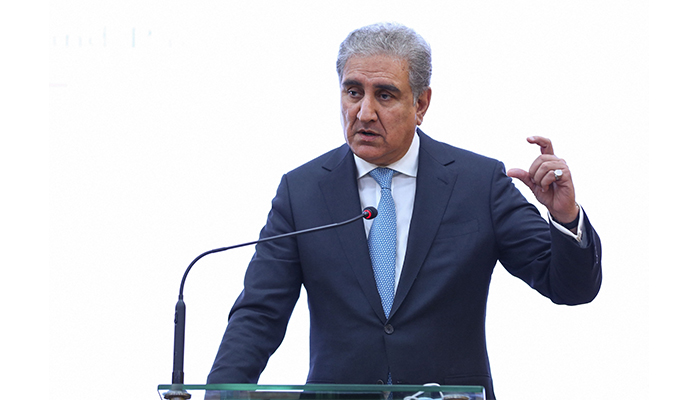 This handout picture released on April 7, 2021, by the Russian Foreign Ministry shows Pakistani Foreign Minister Shah Mahmood Qureshi, as he attends a press conference in Islamabad after a meeting with his Russian counterpart. — AFP