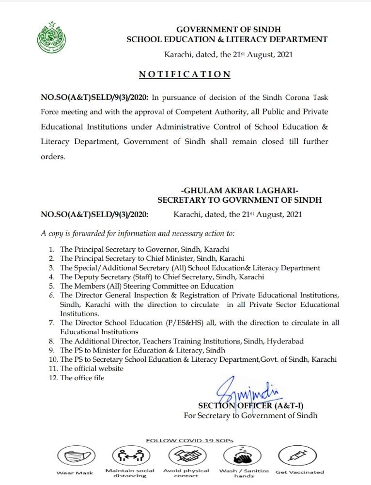 Sindh School Education and Literacy Department issues notification. Photo: File
