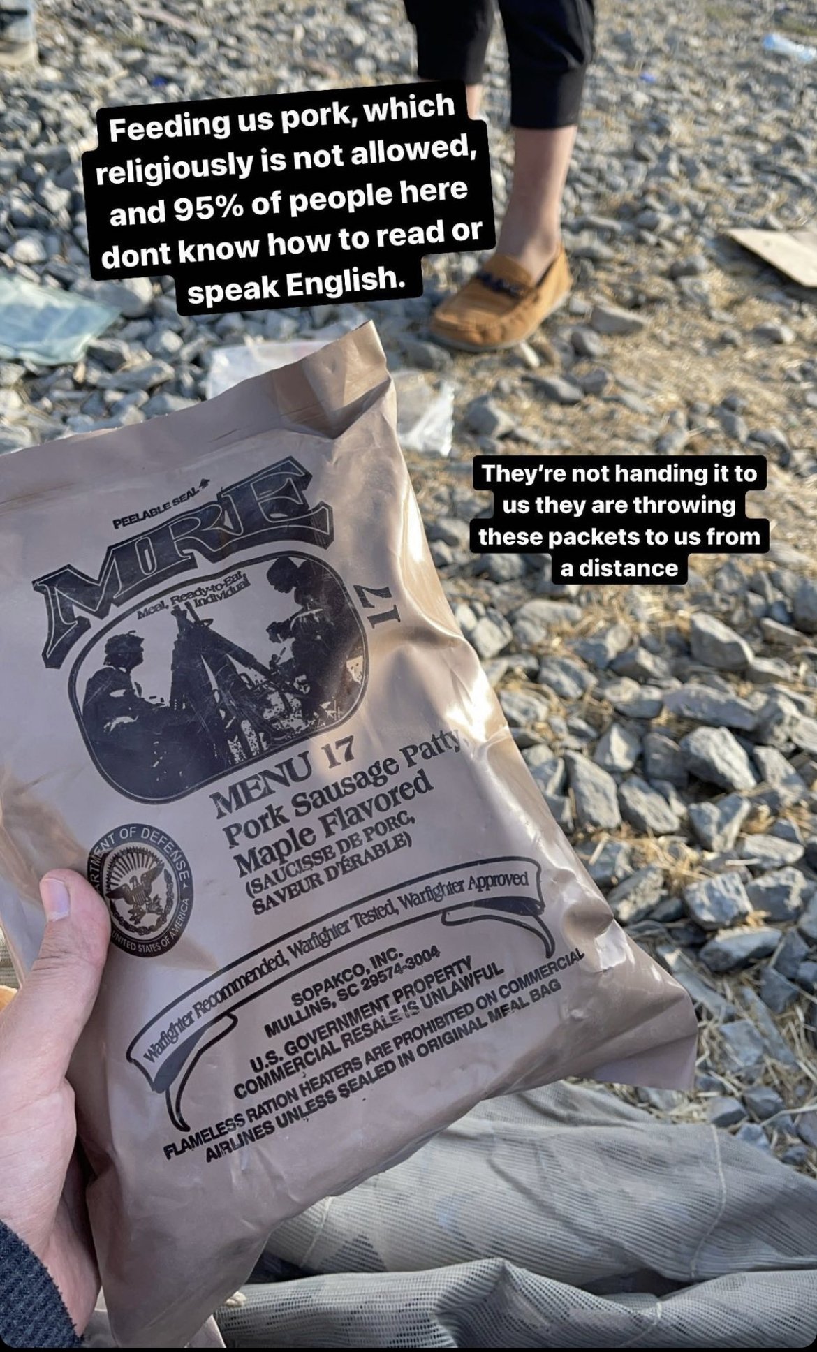 Instagram screenshot showing pork distributed by US soldiers at Kabul airport.