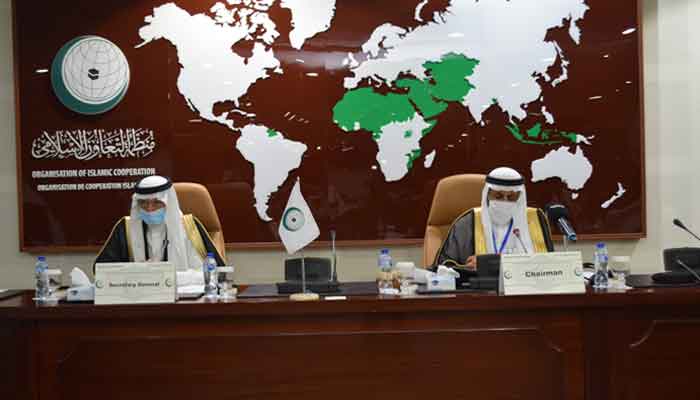The OIC chairman (R) and secretary general (L) presiding over an extraordinary meeting of the body called to discuss the Afghanistan situation, on August 22, 2021. — Photo courtesy Twitter/@OIC_OCI