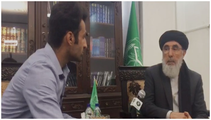 Former Prime Minister of Afghanistan and Hezb-e-Islami Chief Gulbuddin Hekmatyar (R) during an inclusive interview with Radio Pakistans Special Correspondent Bilal Mehsud in Kabul on Sunday, August 22, 2021. Photo: Radio Pakistan.