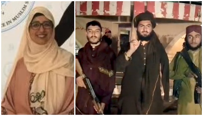 Sharia Council scholar Khola Hasan (L) and Taliban fighters (R). Photos: Islamic-sharia.org/AFP