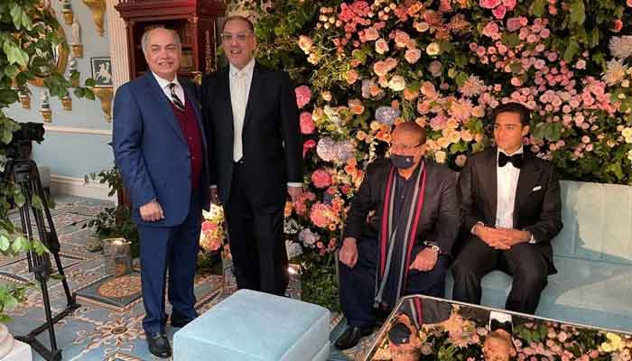 PML-N supremo Nawaz Sharif (2nd R) and his grandson, Junaid Safdar (R) seated ahead of the ceremony, in London, on August 22, 2021. — Photo courtesy PML-N