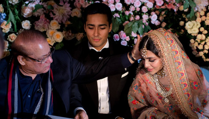 PML-N supremo Nawaz Sharif (L) Junaid Safdar (C), and Aisha Saif (R). — Family sources