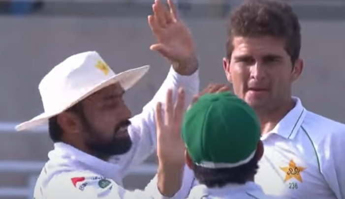 Shaheen Shah celebrates with teammates after bowling out a West Indies batsman. Photo: West Indies Cricket YouTube.
