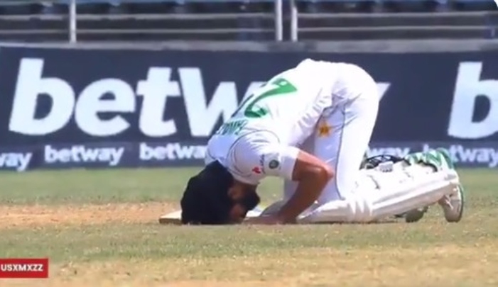 Fawad Alam prostrates after scoring a century on Sunday. Photo: Twitter
