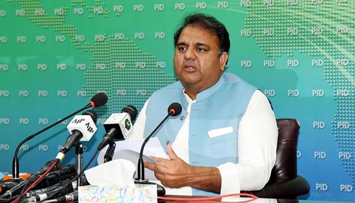 Federal Minister for Information and Broadcasting Fawad Chaudhry addressing a press conference in Islamabad. — PID/File