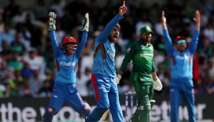 Afghanistans Rashid Khan celebrates the wicket of Pakistans Haris Sohail. — Reuters/File