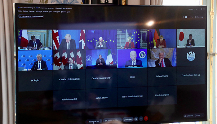 Frances President Emmanuel Macron (R) takes part in a virtual G7 summit to discuss the crisis in Afghanistan at the Elysee Palace in Paris, France, on August 24, 2021. Efforts to evacuate thousands of people from Taliban-controlled Afghanistan became increasingly urgent, as European nations said they would not be able to evacuate all at-risk Afghans before next weeks deadline. — Reuters