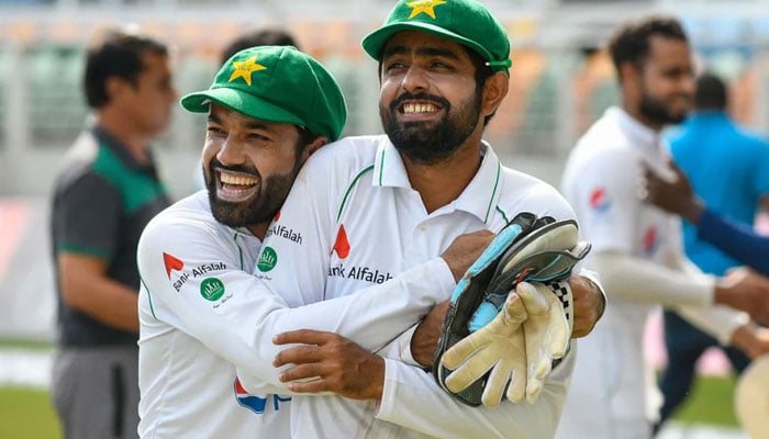 Muhammad Rizwan and Babar Azam are all smiles. West Indies vs Pakistan, 2nd Test, Kingston, 5th day. Photo: AFP