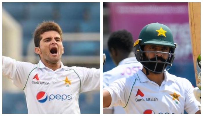 Shaheen Afridi celebrates after taking a wicket (L) and Fawad Alam acknowledges the crowd after scoring a century. Photo: AFP