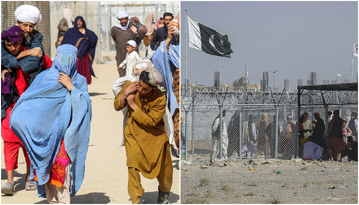 Afghans walk along fences as they arrive in Pakistan through the Pakistan-Afghanistan border crossing point in Chaman on August 24, 2021 (left) and Afghan and Pakistani nationals walk through a security barrier to cross the border at the Pakistan-Afghanistan border crossing point in Chaman on August 24, 2021. — AFP
