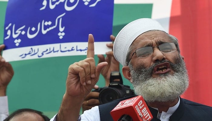 Jamaat-e-Islami chief Siraj ul Haq addresses supporters during a rally in Lahore. Photo: AFP