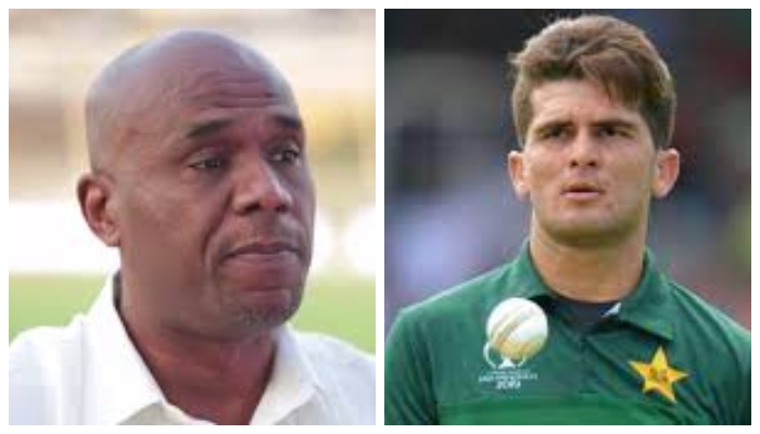 Former West Indies cricketer Ian Bishop (left) and Shaheen Afridi during an ICC Cricket World Cup 2019 match. Photo: File