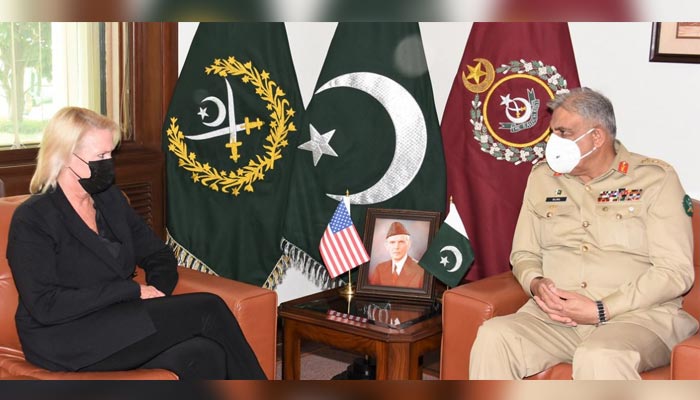 Chief of Army Staff (COAS) General Qamar Javed Bajwa (right) meets S Charge d’ Affairs to Pakistan Angela Ageler at the GHQ in Rawalpindi, on August 27, 2021. — ISPR