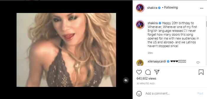 Shakira says she cant forget how many doors Whenever, Wherever opened for her