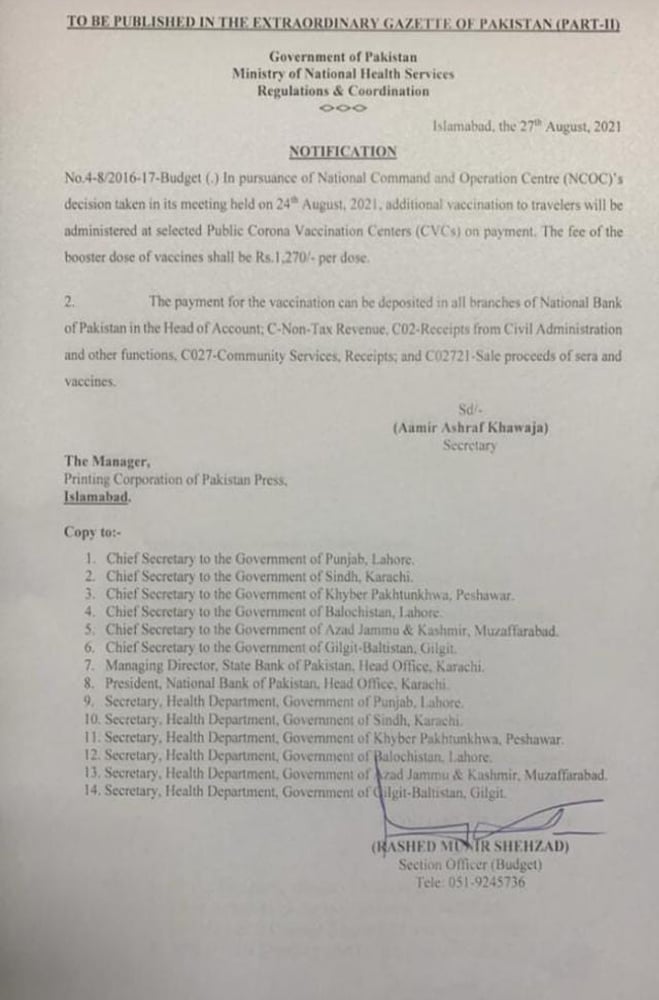 Notification issued by the Ministry of National Health Services