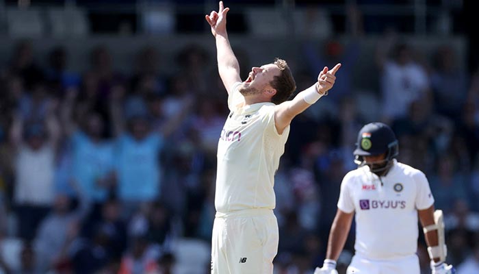 Cricket - Third Test - England v India - Headingley, Leeds, Britain - August 28, 2021 Englands Ollie Robinson celebrates after taking the wicket of Indias Ishant Sharma. — Reuters