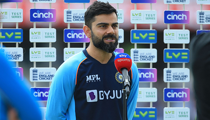 Indias captain Virat Kohli gives a post-match interview after their defeat on fourth day of the third cricket Test match between England and India at Headingley cricket ground in Leeds, northern England, on August 28, 2021. — AFP