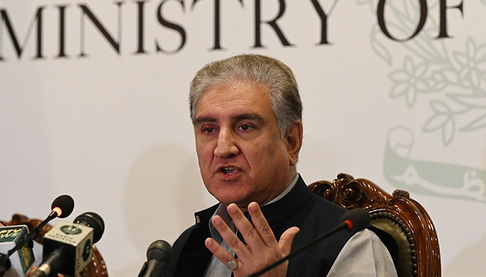 Foreign Minister Shah Mahmood Qureshi speaks during a press conference over the ongoing situation in Afghanistan, at the Foreign Ministry in Islamabad on August 9, 2021. — AFP/File