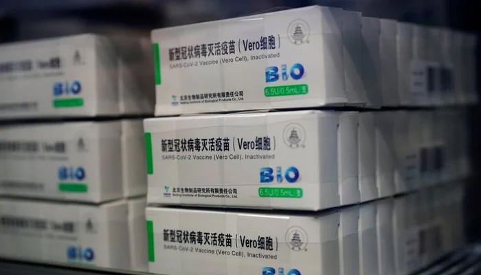 Sinopharmss China National Biotec Group vaccine boxes for the coronavirus disease (COVID-19) are pictured at a vaccination site — Reuters/File