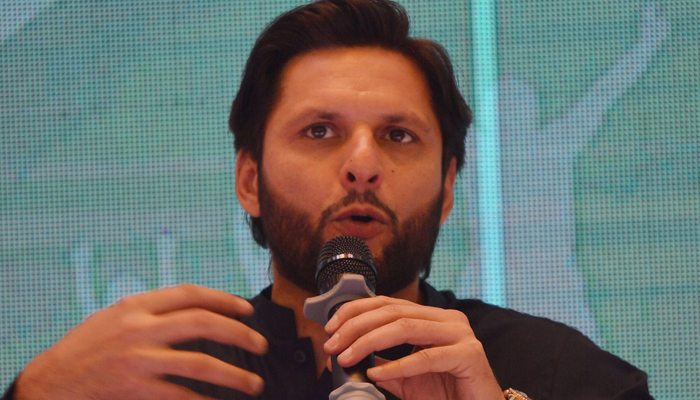 Former Pakistani cricket captain Shahid Afridi speaking at an event. — AFP/File