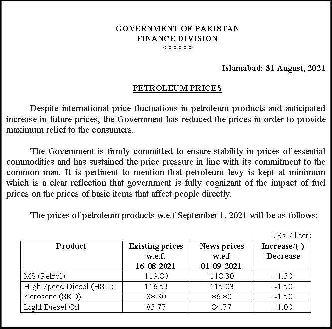 Petrol price in Pakistan to fall by Rs1.50 per litre starting Sep 1