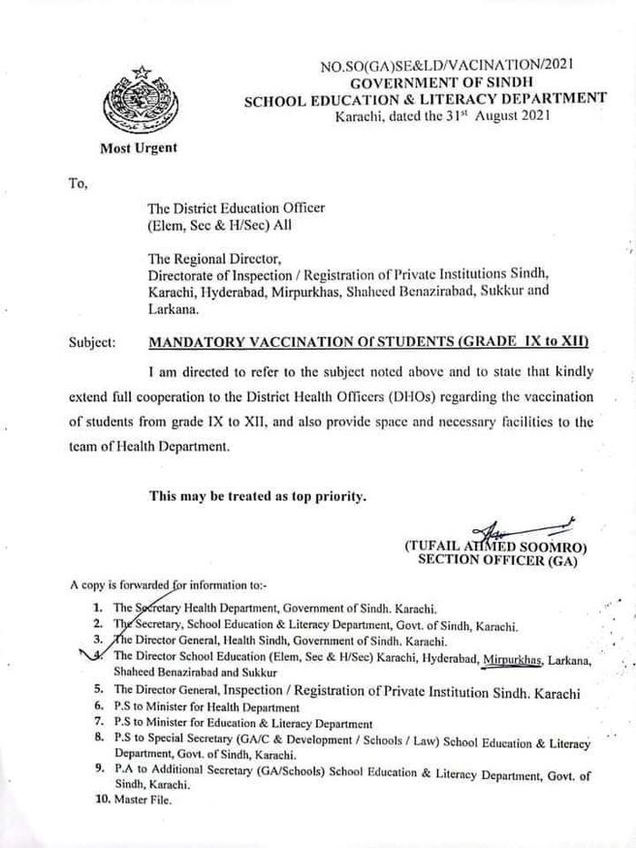 Vaccinations in Sindh made mandatory for grade 9, 10 and intermediate students