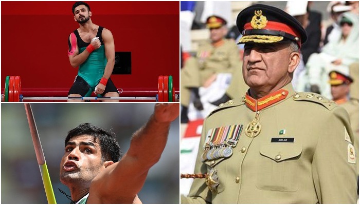 Weight lifter Talha Talib (Top-Left), COAS Gen Qamar Javed Bajwa (R), Arshad Nadeem (Bottom-Left). Courtesy: Reuters/Geo.tv/File Photo