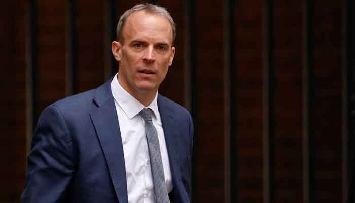 Britains Foreign Secretary Dominic Raab walks outside Downing Street in London, Britain, May 27, 2021. — Reuters/John Sibley/Files