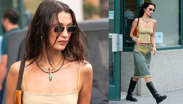 Bella Hadid sets pulses racing in patchwork skirt and slinky tank top
