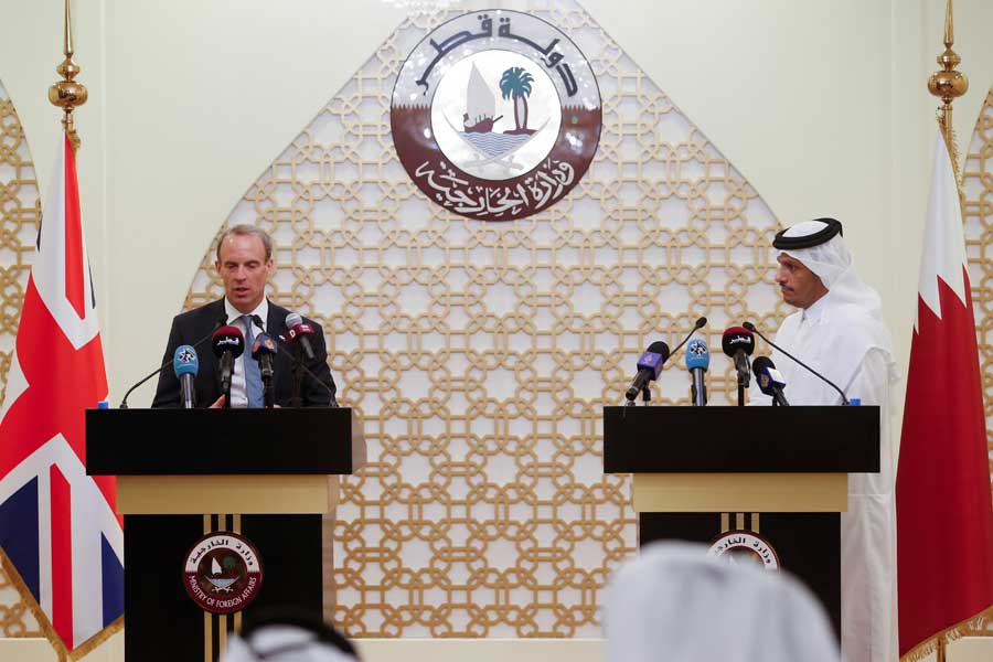 Qatari Foreign Minister Sheikh Mohammed bin Abdulrahman Al-Thani and Britains Foreign Secretary Dominic Raab hold a joint news conference in Doha, Qatar, September 2, 2021. &mdash; Reuters/Hamad l Mohammed