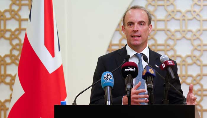 Britains Foreign Secretary Dominic Raab speaks during a joint news conference with Qatari Foreign Minister Sheikh Mohammed bin Abdulrahman Al-Thani in Doha, Qatar, September 2, 2021. &mdash; Reuters/Hamad l Mohammed