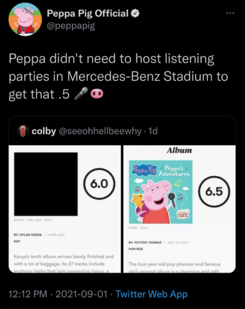 Peppa Pig takes dig at Kanye West after Donda gets lower rating