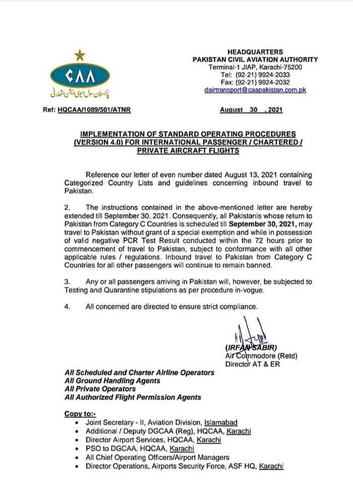 The notification issued by the CAA on August 30 for the extension in COVID-19 restrictions.