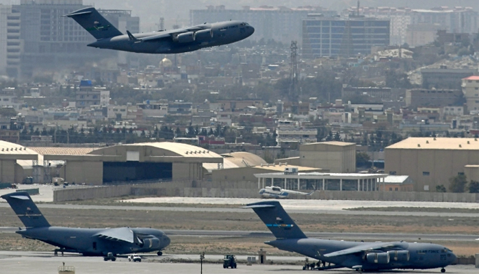 An US Air Force aircraft takes off from Kabul Airport — AFP
