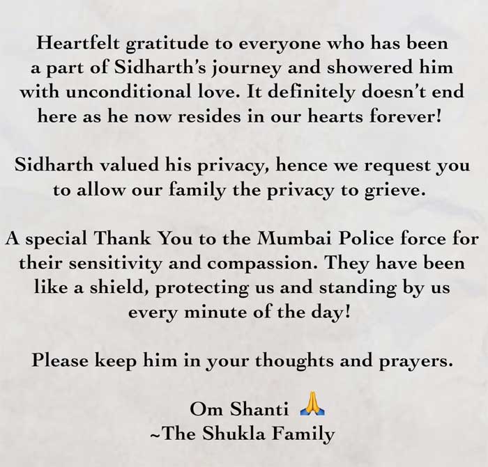Sidharth Shukla’s family requests privacy in first statement
