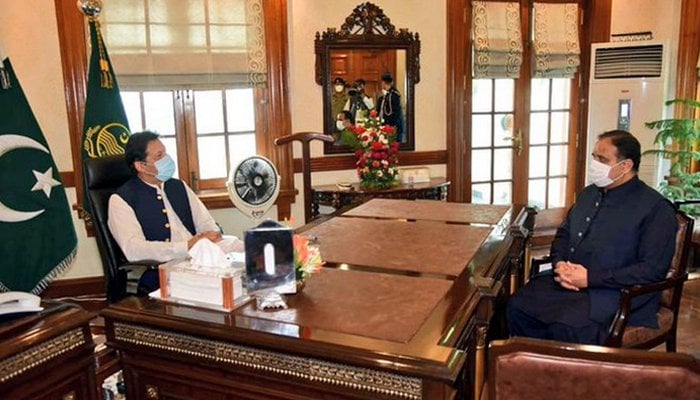 Prime Minister Imran Khan having a discussion with Chief Minister Punjab Usman Buzdar at the Chief Ministers Secretariat, in Lahore, on July 18, 2020. Photo courtesy: Radio Pakistan