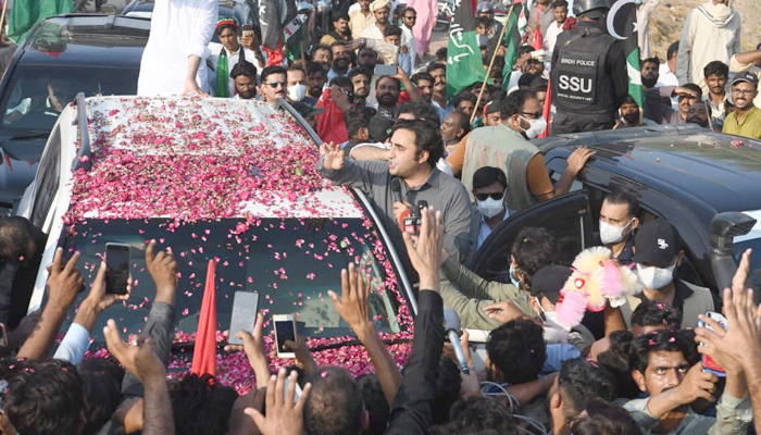 PPP Chairman Bilawal Bhutto-Zardari addressing party workers during a rally, on August 09, 2021. — Twitter