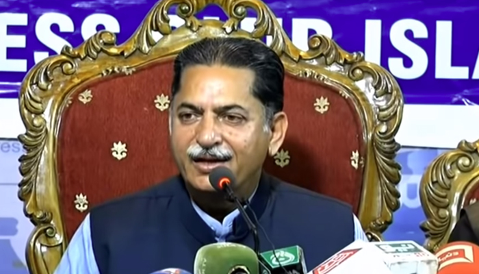The chairman of the National Assembly Standing Committee on Information and Broadcasting Javed Latif addressing a press conference in Islamabad, on September 7, 2021. — YouTube