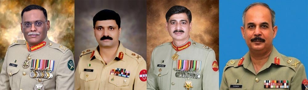 (L to R) Lieutenant General Sahir Shamshad Mirza, Lieutenant General Muhammad Waseem Ashraf, Lieutenant General Azhar Abbas, Lieutenant General Muhammad Chiragh Haider. — ISPR