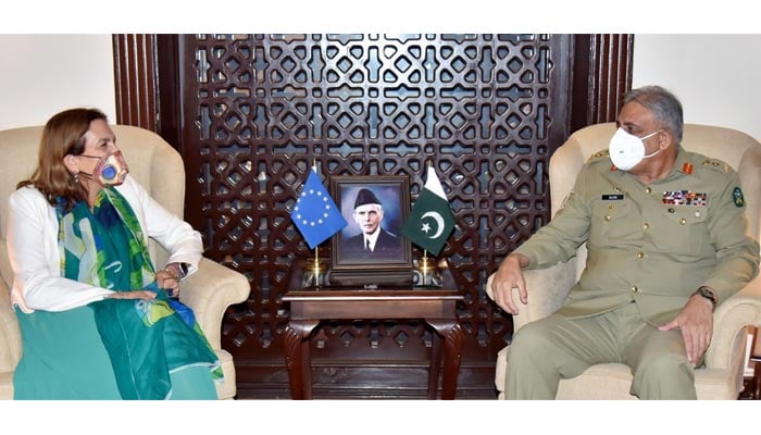 European Union High Commissioner to Pakistan Androulla Kaminara (left) meets  Chief of Army Staff (COAS) General Qamar Javed Bajwa at the GHQ in Rawalpindi, on September 8, 2021. — ISPR