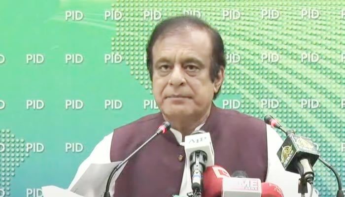 Minister for Science and Technology Shibli Faraz addressing a press conference in Islamabad, on August 9, 2021. — YouTube/HumNewsLive