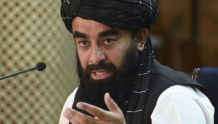 Taliban spokesman Zabihullah Mujahid addresses a press conference in Kabul on September 7, 2021. – AFP