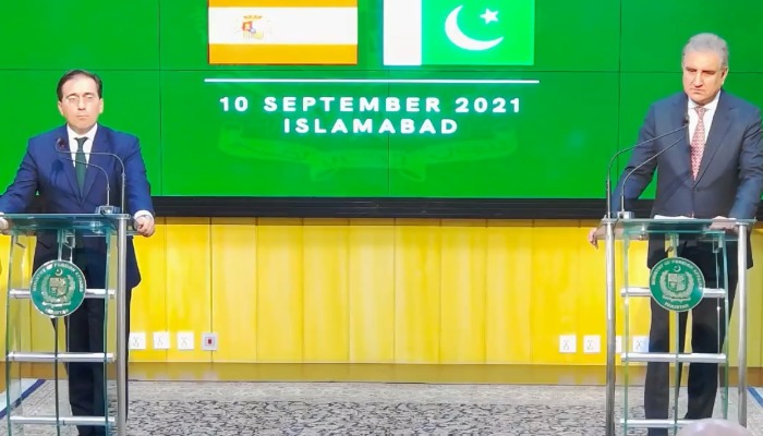 Spains Foreign Minister José Manuel Albares (L) and Pakistans Foreign Minister Shah Mehmood Qureshi (R) speaking at the conference held Friday, 10th September 10, 2021. Courtesy: Ministry of Foreign Affairs/Facebook.