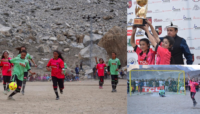 Women are seen playing football in Gilgit-Baltistan. — Geo News